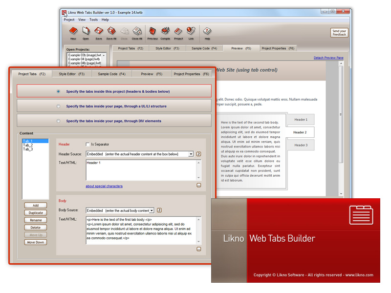 Click to view Likno Web/HTML Tabs Builder 2.0.210 screenshot